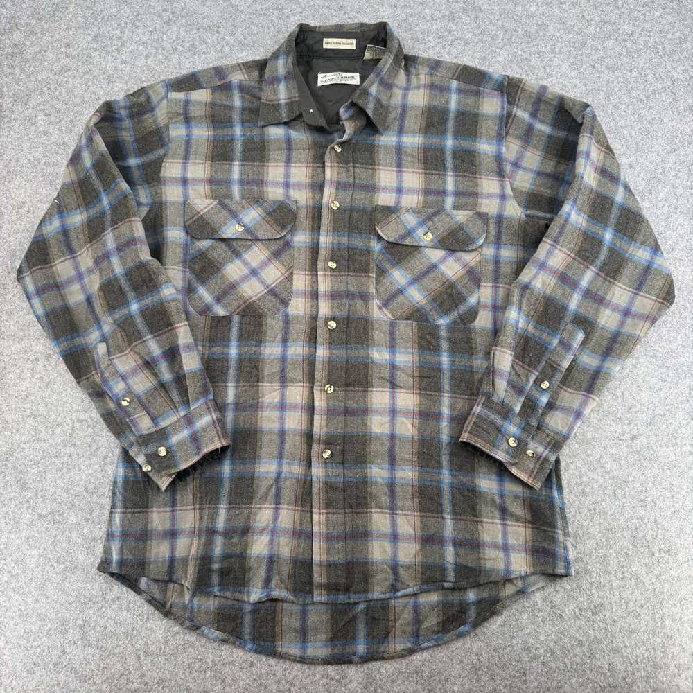 Vintage Sears Roebuck and Co Flannel Shirt Mens L Tall Wool Blend Plaid Grey EUC